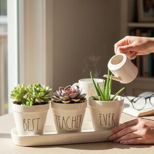 Rae Dunn - Best Teacher Ever - 3 ceramic pots on a tray - needs new glue dots